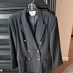 Women’s double breasted, black blazer with gold and black buttons